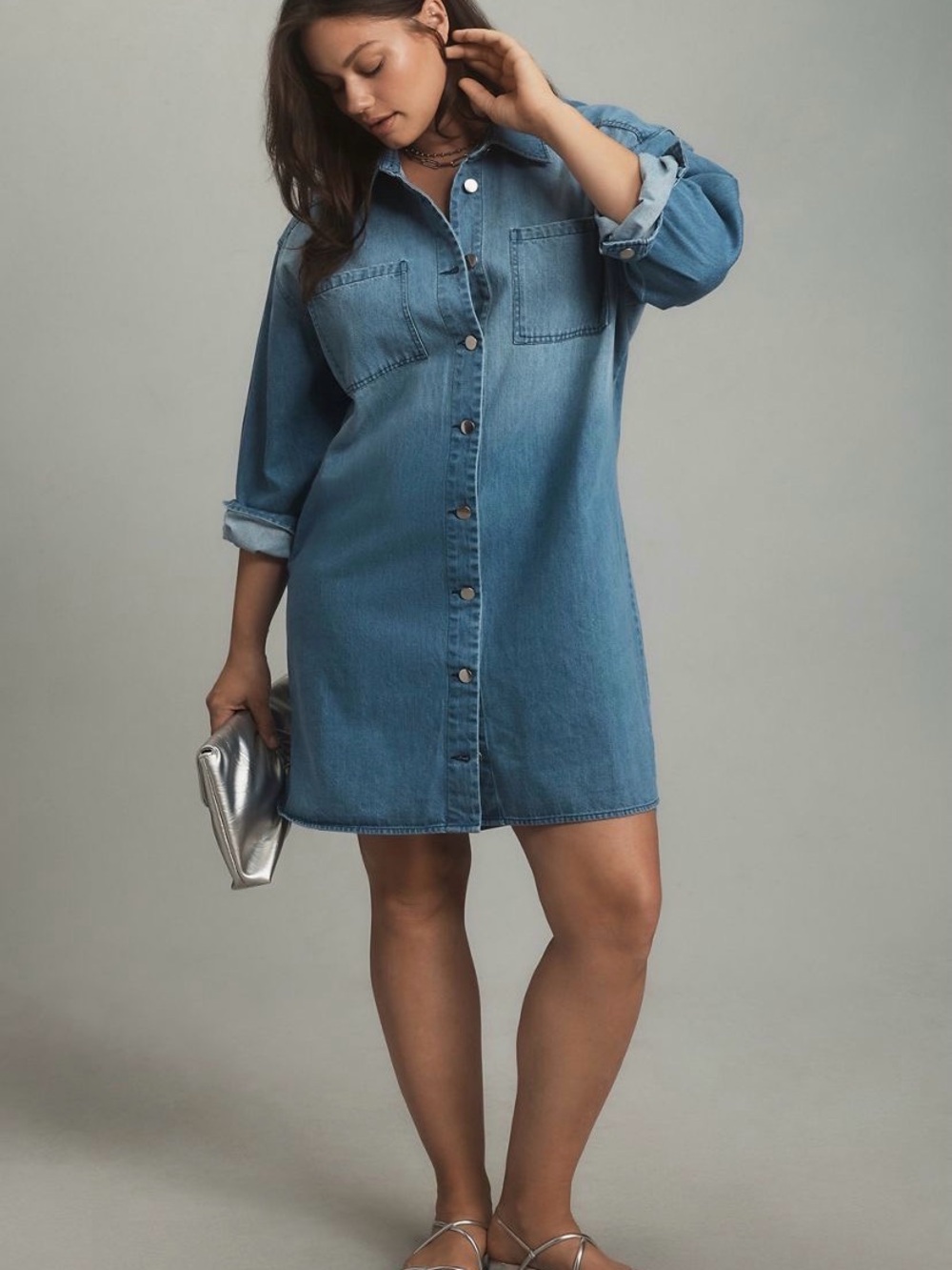 Porridge Long Sleeve Collared Denim Shirt Dress - Classic Button-Front